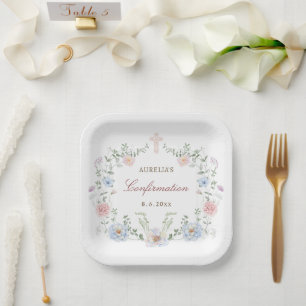 Plato De Papel Confirmación de marco floral elegante