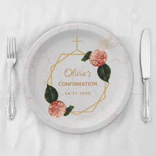 Plato De Papel Confirmación de niña Mármol Rosa Camelia Floral Do