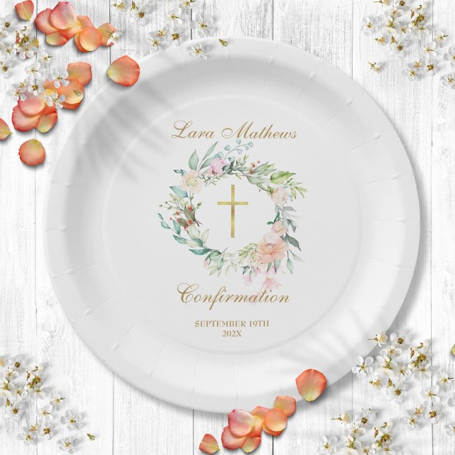 Plato De Papel Confirmación de oro de Garland Rosa de Woodland (Woodland Rose Garland Gold Confirmation Paper Plates)