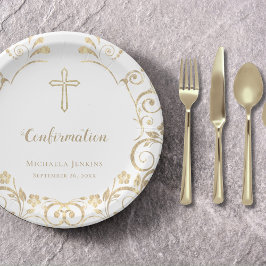 Plato De Papel Confirmación elegante de la Cruz de Oro Blanco