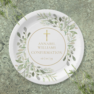 Plato De Papel Confirmación floral de verde acuarela y oro