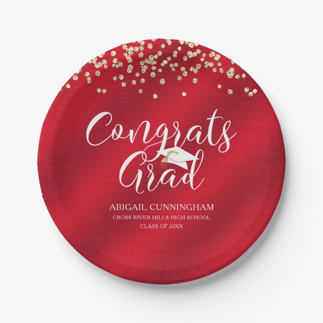 Plato De Papel CONGRAMAS GRAD Red Gold Confetti Personalizado (Anverso)