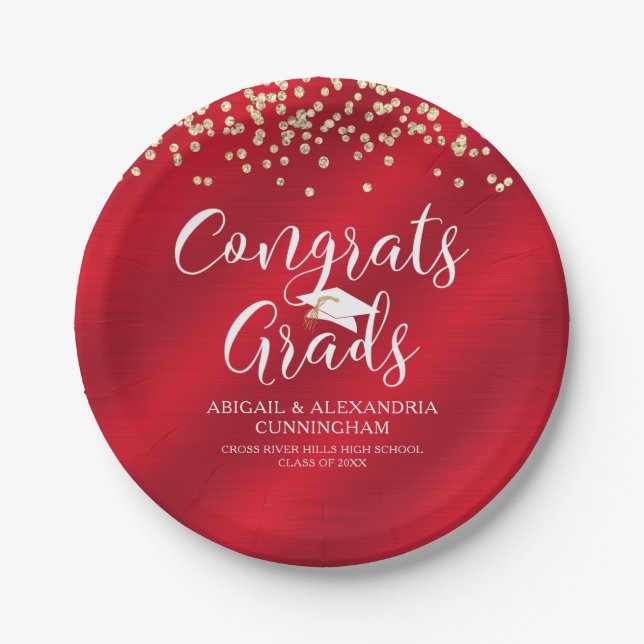 Plato De Papel CONGRAMOS GRADOS Red Gold Confetti Personalizado (Anverso)