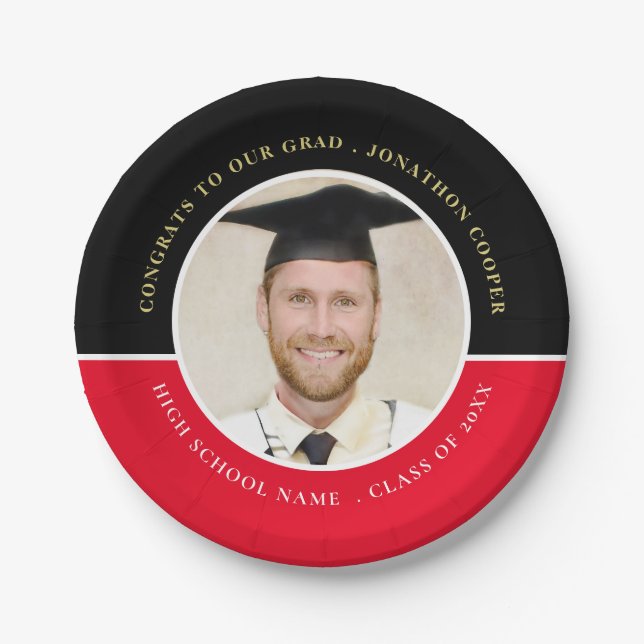 Plato De Papel Congrats Grad Name Photo Gold Black Red Graduation (Anverso)