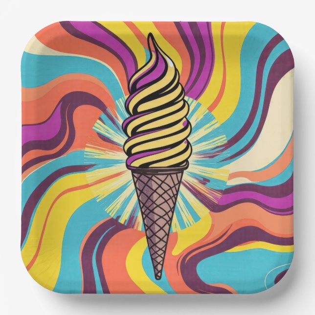 Plato De Papel Cono de helado arte pop psicodélico (Anverso)