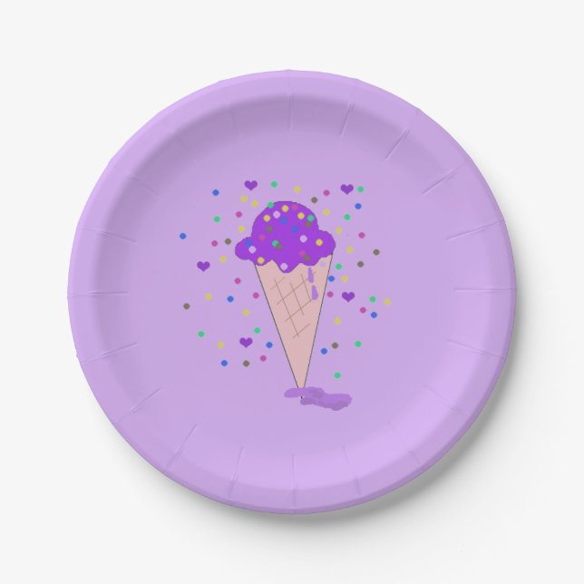 Plato De Papel Cono de helado de confeti morado (Anverso)