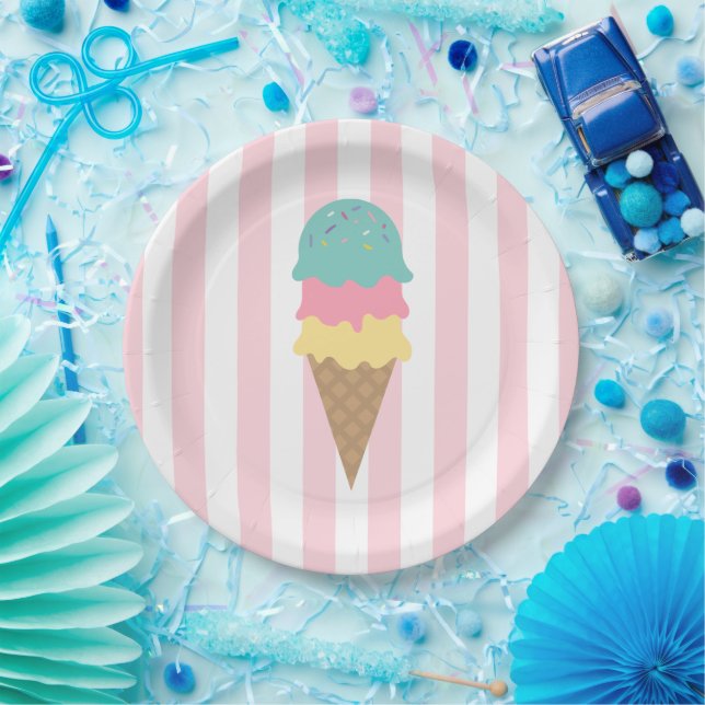 Plato De Papel Cono de helado rayado (Fiesta)