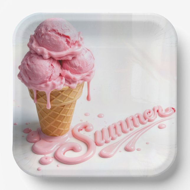 Plato De Papel Cono de helado rosa de verano (Anverso)