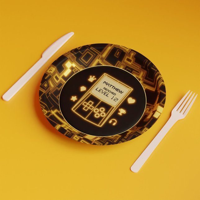 Plato De Papel Consola de mano de brillo amarillo (Yellow Glow Handheld Console Paper Plates)