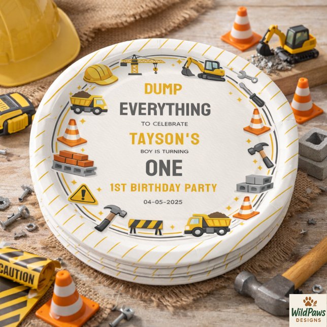 Plato De Papel Construcción 1er Cumpleaños | Fiesta de Camión de  (Construction 1ST Birthday | Builder Truck Party Paper Plates
)