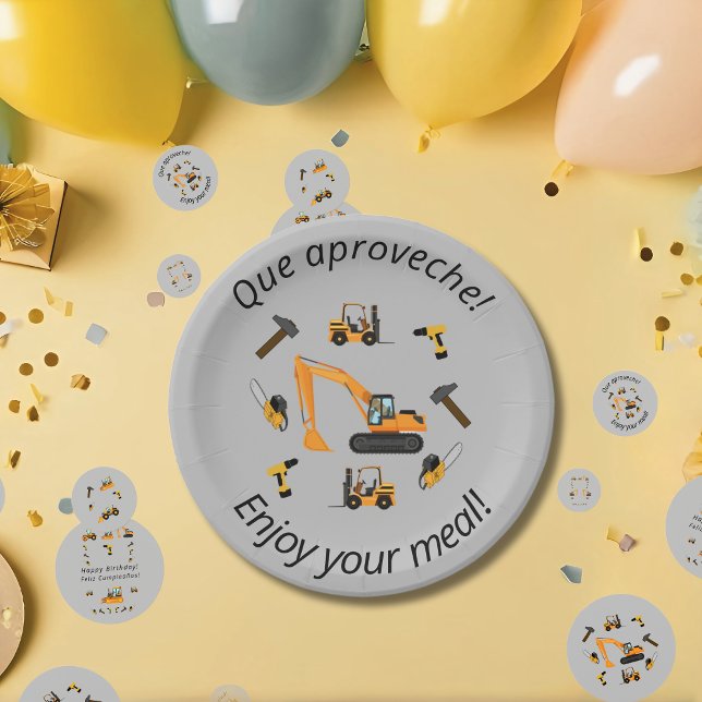 Plato De Papel Construcción Gris Niño de cumpleaños Bilingual (Bilingual gray paper plates for construction themed bday party, Spanish. Multilingual Project)