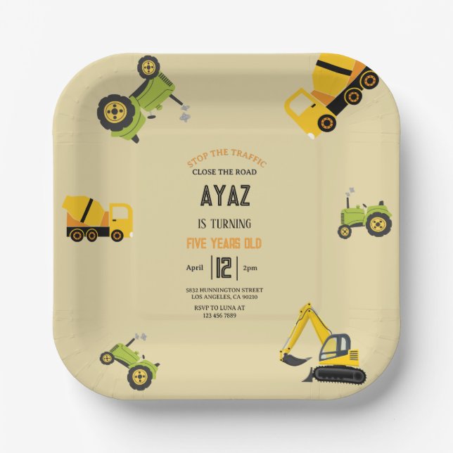 Plato De Papel Construction Dump Truck Party Boy Birthday  (Anverso)
