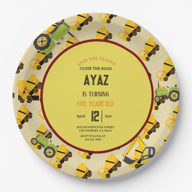 Plato De Papel Construction Dump Truck Party Boy Birthday  (Anverso)