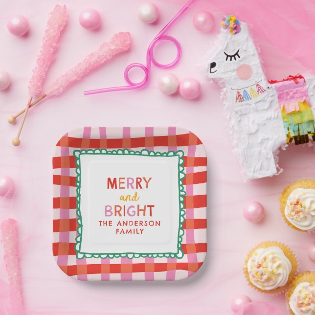 Plato De Papel Control rojo brillante y merry personalizado (Fiesta)