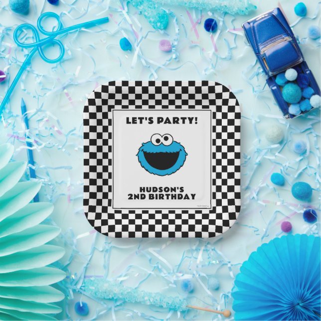Plato De Papel Cookie Monster Checkerboard Birthday (Fiesta)