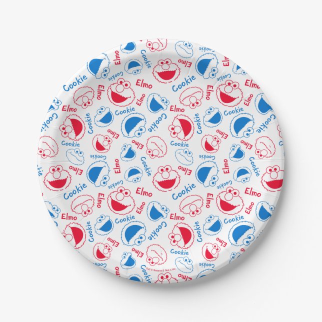 Plato De Papel Cookie Monster y Elmo | Patrón rojo y azul (Anverso)
