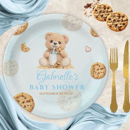Plato De Papel Cookies and milk Baby Shower - Teddy Bear Blue