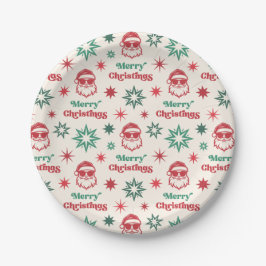 Plato De Papel Cool Santa retro fiesta de Navidad rojo verde