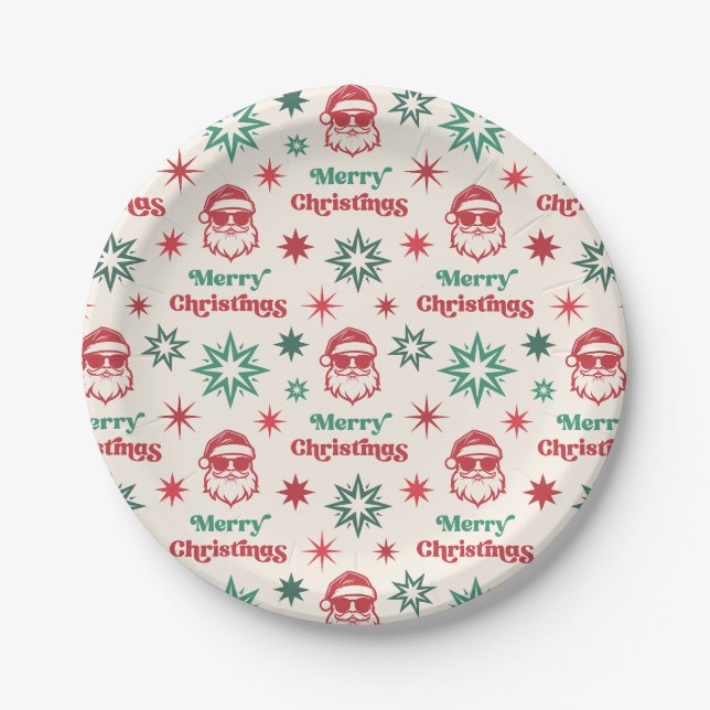 Plato De Papel Cool Santa retro fiesta de Navidad rojo verde (Anverso)