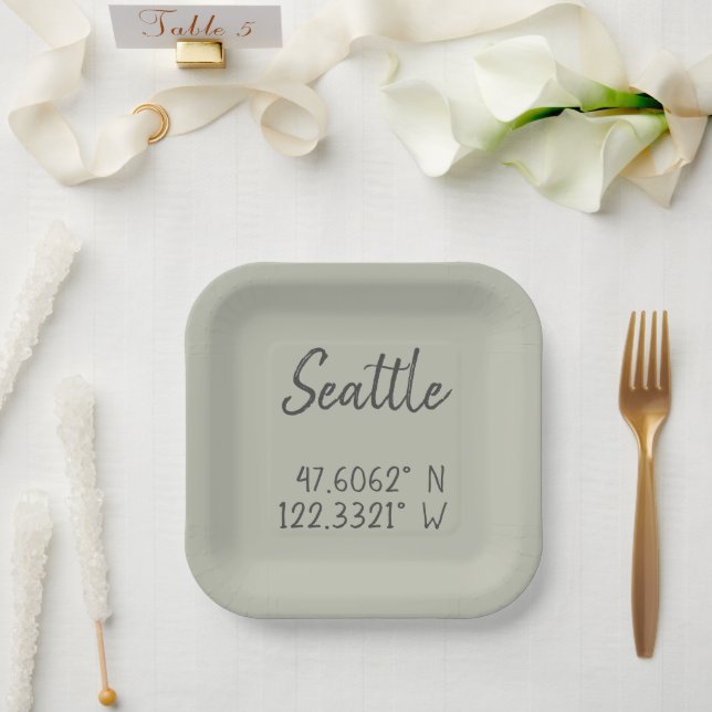 Plato De Papel Coordenadas GPS Seattle Longitud de la latitud (Boda)