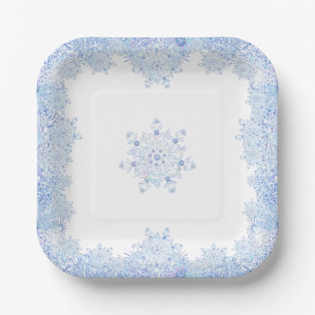 Plato De Papel Copo de nieve azul (Anverso)