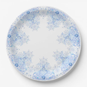 Plato De Papel Copo de nieve azul