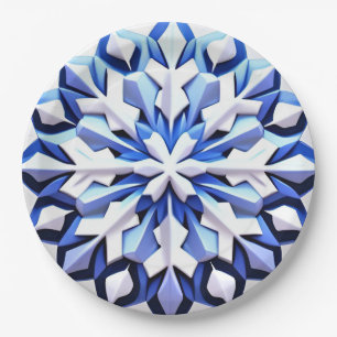 Plato De Papel Copo de Nieve Azul Detallado