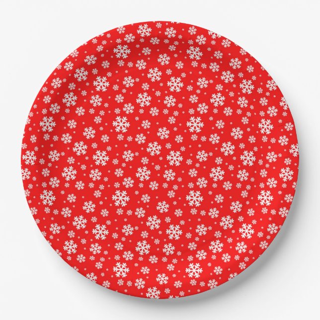 Plato De Papel Copo de Nieve Blanco sobre Patrón de Invierno Rojo (Anverso)