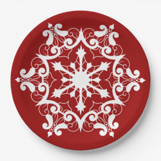 Plato De Papel Copo De Nieve Blanco Sobre Rojo Crimson