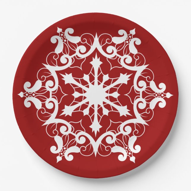 Plato De Papel Copo De Nieve Blanco Sobre Rojo Crimson (Anverso)