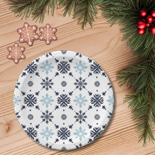 Plato De Papel Copo de nieve blanco y azul claro