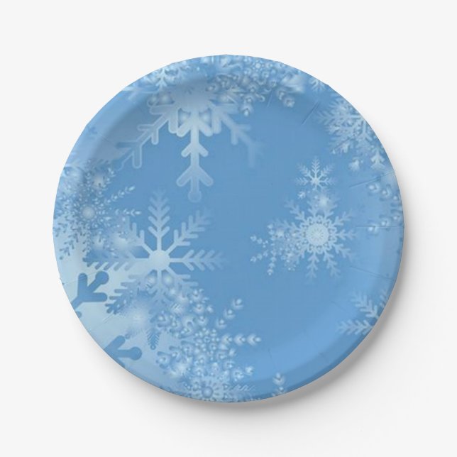 Plato De Papel Copo de nieve blancos en fiesta de Navidad azul de (Anverso)