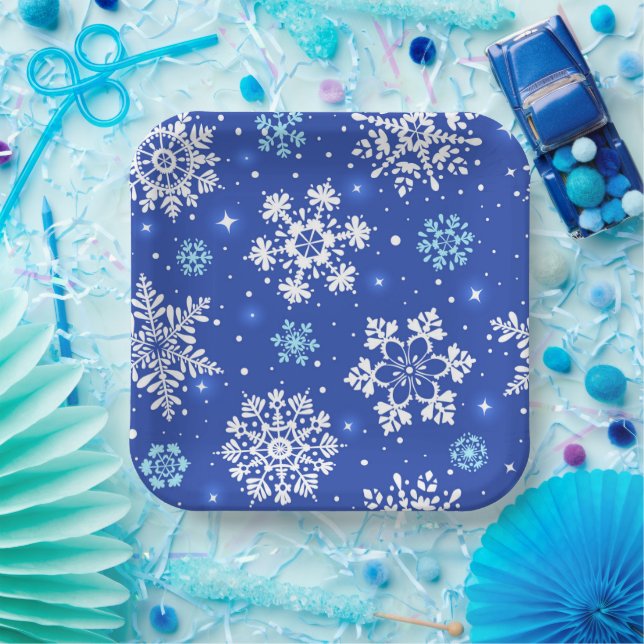 Plato De Papel Copo de Nieve de Invierno en Azul (Fiesta)