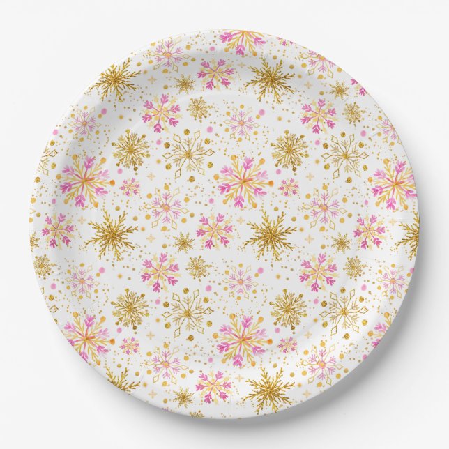 Plato De Papel Copo de Nieve de Invierno Rosa y Dorado (Anverso)