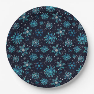 Plato De Papel Copo de Nieve Invernal Azul y Plateado
