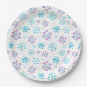 Plato De Papel Copo de Nieve Invernal Púrpura y Azul