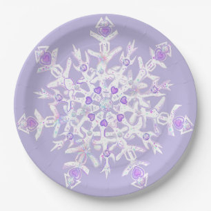 Plato De Papel copo de nieve morado ligero y corazón brillante