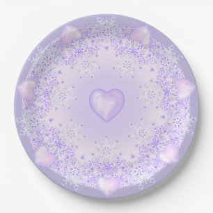 Plato De Papel copo de nieve morado ligero y corazón brillante