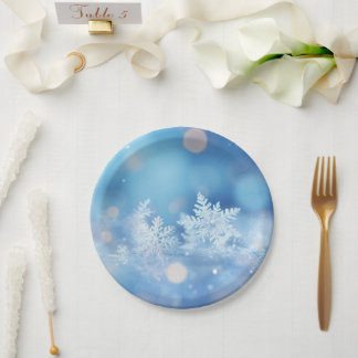 Plato De Papel Copo de Nieve Personalizado de Invierno Bokeh Azul