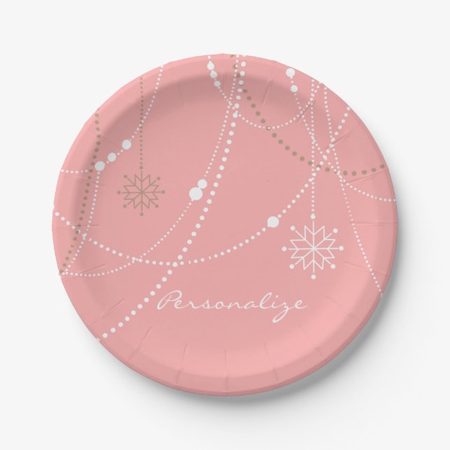 Plato De Papel Copo de nieve rosa de mediados de siglo elegante c (Anverso)