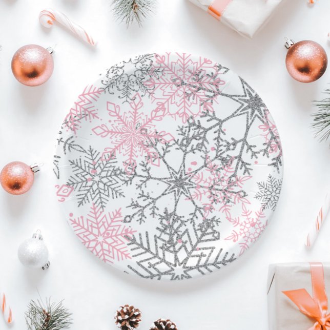 Plato De Papel Copo de nieve rosa Onederland de invierno (Subido por el creador)