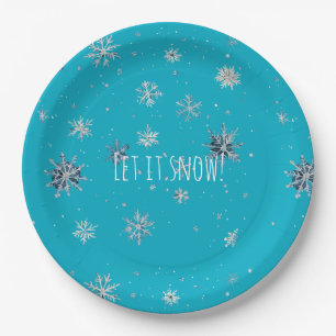 Plato De Papel Copos de Navidad Aqua Azul Plateado Blanco