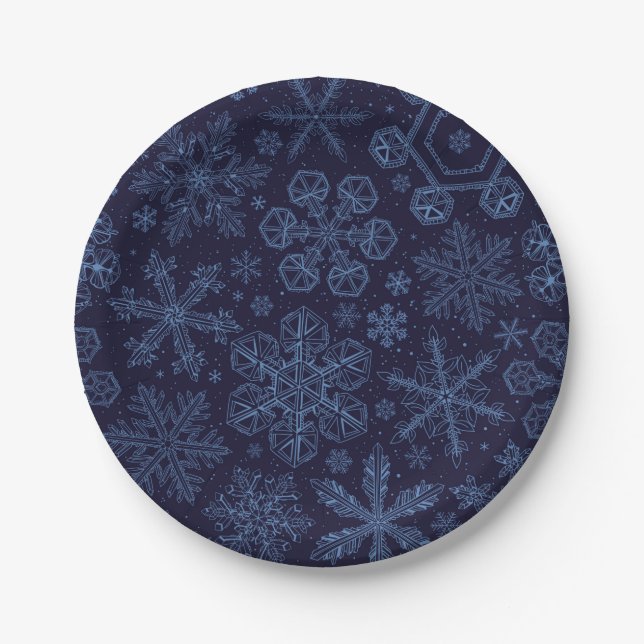 Plato De Papel Copos de nieve azules (Anverso)