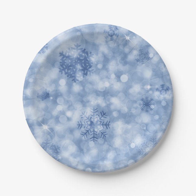 Plato De Papel Copos de nieve azules y chispas (Anverso)