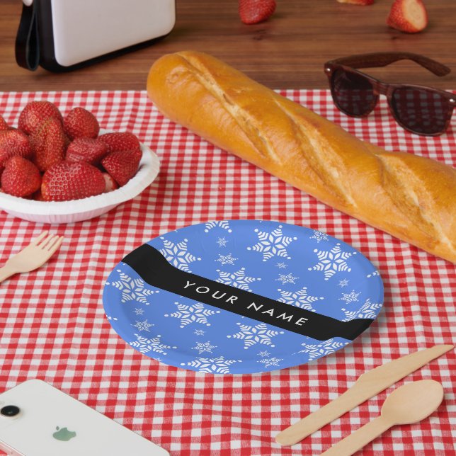 Plato De Papel Copos de nieve blancos, azul, tu nombre, personali (Picnic)