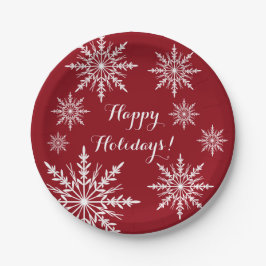 Plato De Papel Copos de nieve blancos en vacaciones felices rojas