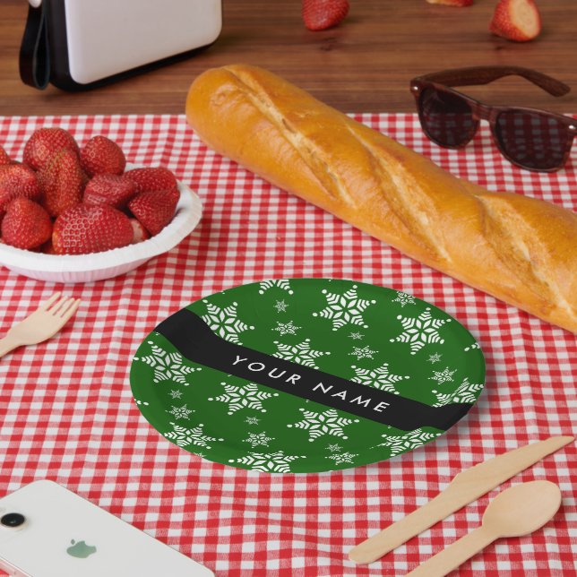 Plato De Papel Copos de nieve blancos, verdes, tu nombre, persona (Picnic)