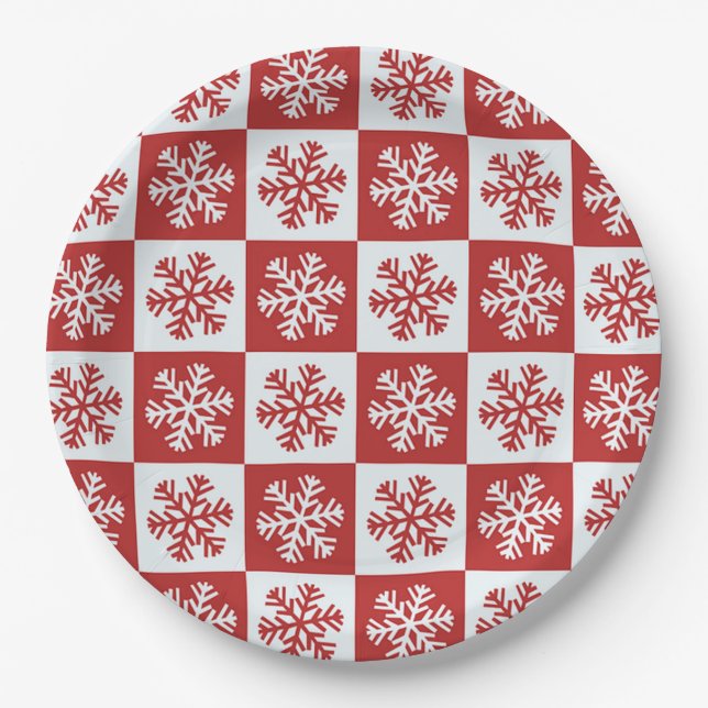 Plato De Papel Copos de nieve con control rojo y blanco (Anverso)