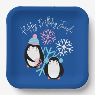 Plato De Papel Copos de Nieve Cumpleaños Pingüino Rosa Azul Fiest