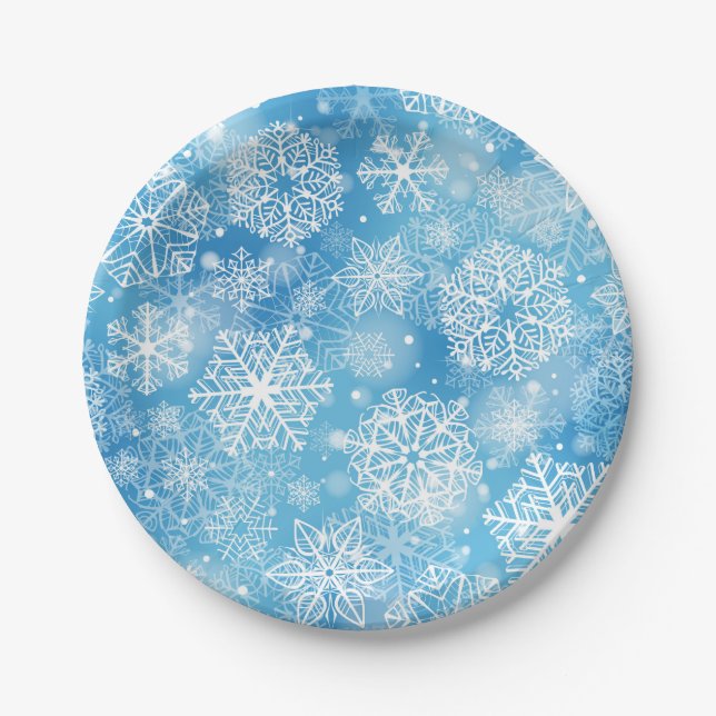 Plato De Papel Copos de nieve en azul (Anverso)